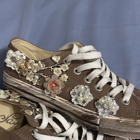 Brown Embellished Women's Sneakers - Picture 2 of 4